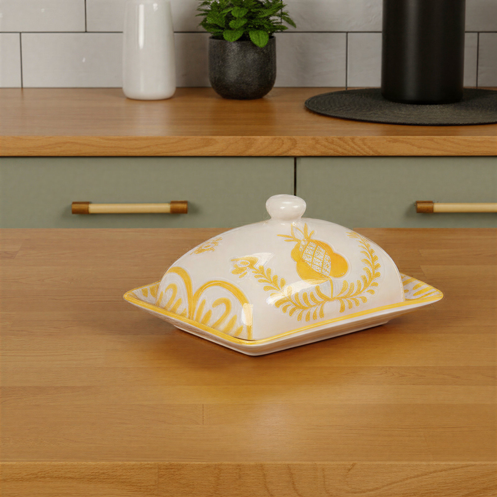 Hand-Painted Stoneware Butter Dish With Botanical Design