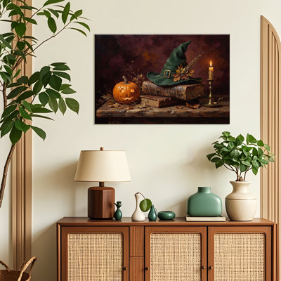 Rétro bougie, citrouille, chapeau magique, impression sur toile, art mural d'Halloween, scène rustique, œuvre d'art effrayante, peinture rétro pour salon, bureau à domicile, décor