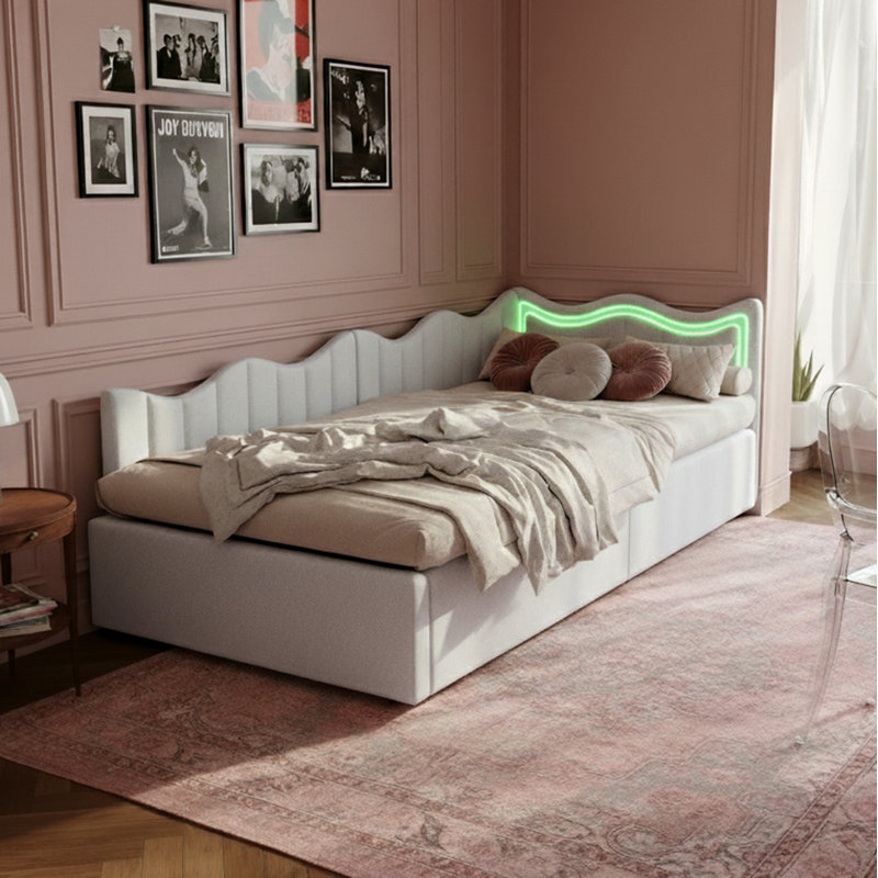 European Single (90X200cm) Teddy Velvet Ottoman Daybed With Led Lights,  Upholstered Storage Bed, Beige, Beige
