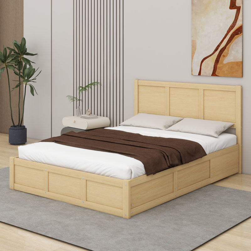 Lit plateforme en bois avec rangement et tiroirs Shanque, Grand, Naturel