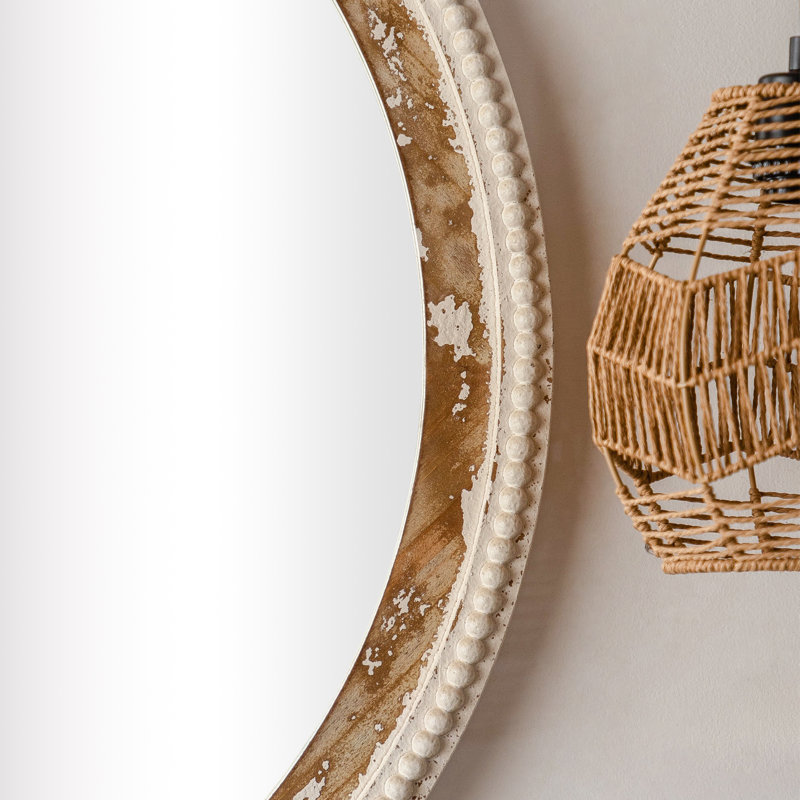 36''x36'' Wood Wall Framed Vintage White Finish Round Mirror With Beaded Detailing For Living Room, 36" x 36"