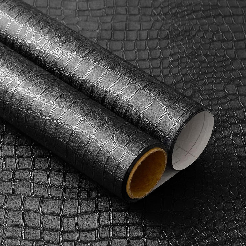 Yancorp 24"X394" Black Faux Leather Peel And Stick Removable Countertop Wallpaper