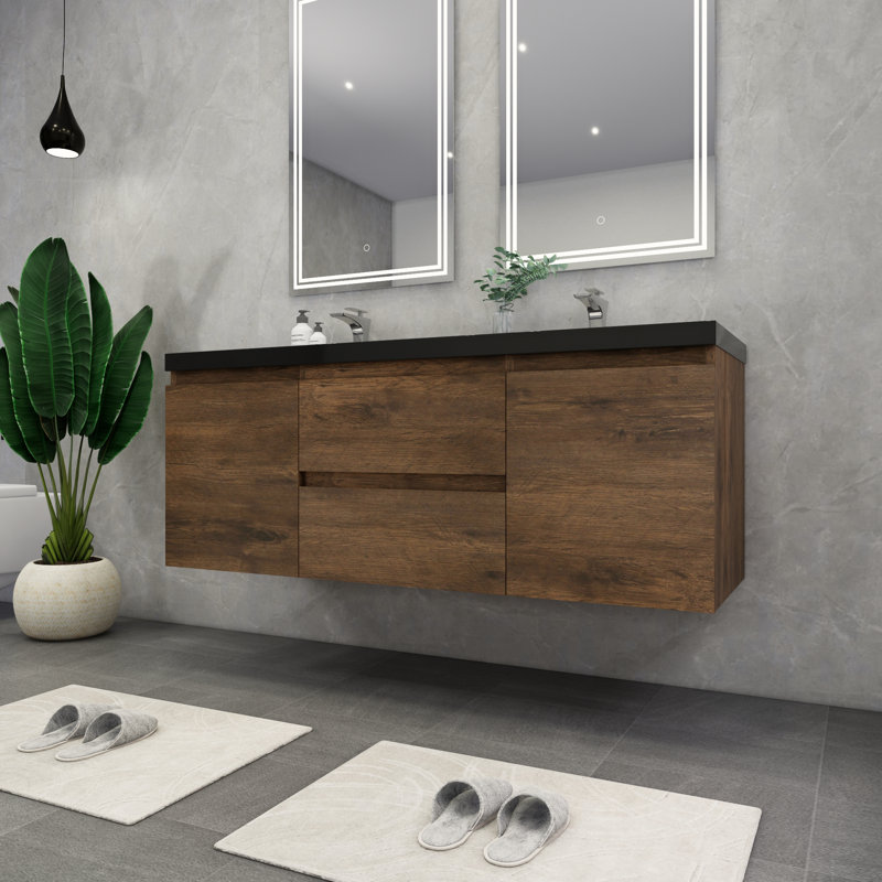 Castin 60" Wall-Mounted Double Bathroom Vanity Set, Rose Wood