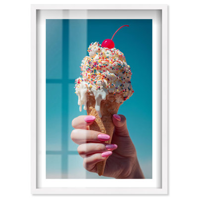 Sprinkle Cone Delight Shadowbox Print Coastal Glam Art by Notoriart, Blonde Frame, 16 x 24