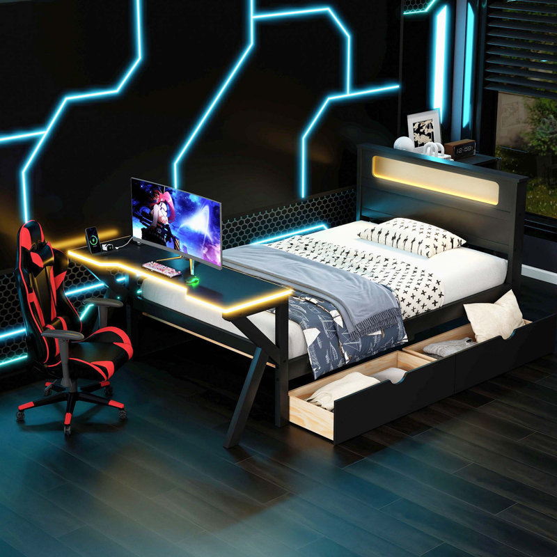 Lit plateforme simple en bois avec tête de lit à DEL, bureau à DEL, ports USB et 2 tiroirs, noir, Lit simple