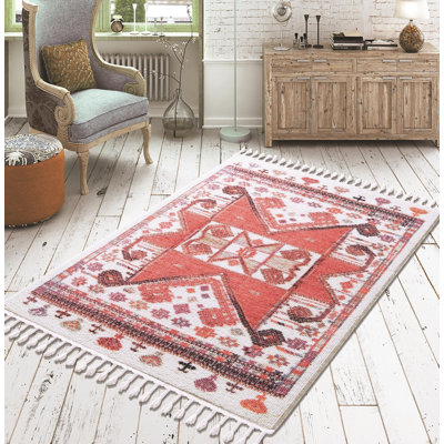 Tapis persan rectangulaire en polyamide tissé à la machine en rose / rouge