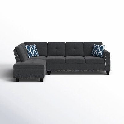 98" Wide Left Hand Facing L - Shaped 2 Piece Dark Gray Linen & Chaise, Round Arm Design, Pillow Backs, Nailhead Trim, Foam Filled Spring Tied Cushions, Removable Seats Five, Two Accent Pillows Chaise