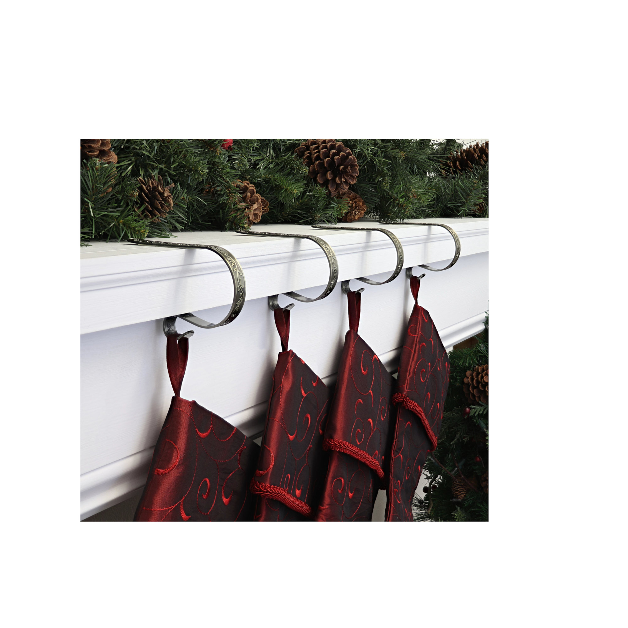 Holly MantleClip Stocking Holder, Antique Brass