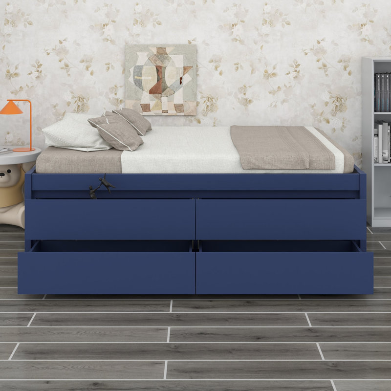 Lit plateforme avec tiroirs de rangement et sommier à lattes pour des chambres bien organisées, Full / Double, Navy Blue