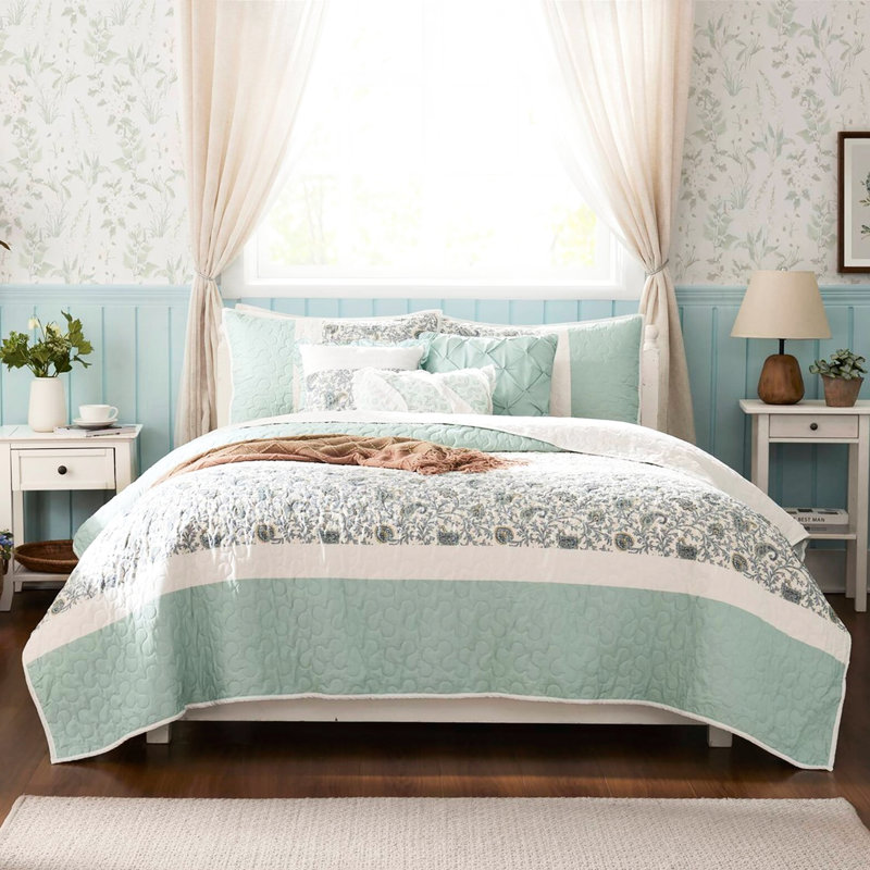 Courtepointe en coton 6 pièces très grand / très grand Dawn - avec coussins en velours, Turquoise