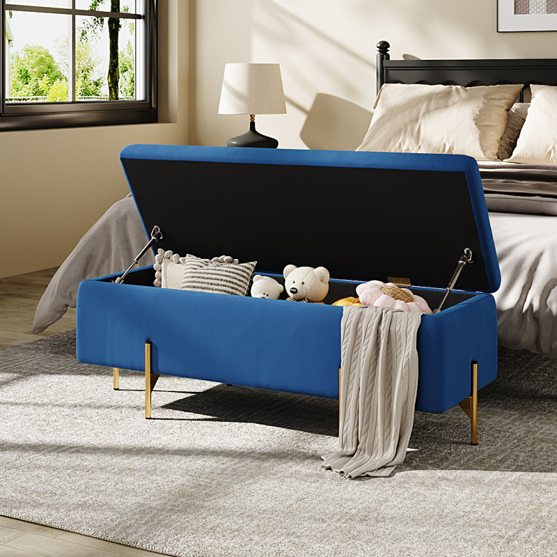 Velvet Upholstered Storage Bench, Blue