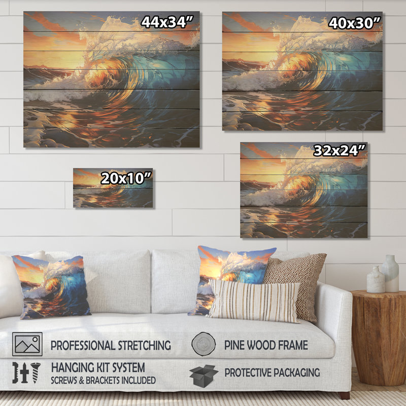 Blue and Orange Sunrise Waves I - Vagues côtières sur bois, H 24 po x l 32 po x P 0,78 po
