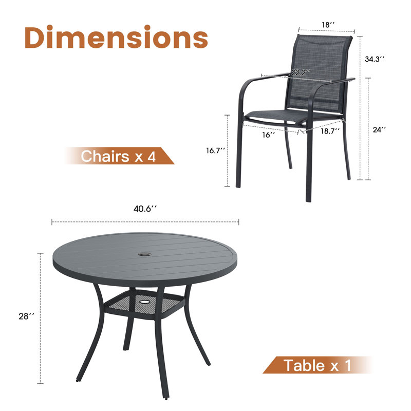 Round 4 - Person Outdoor Dining Set with 4 Stackable PVC-coated polyester Armrest Chairs, Black/Gray