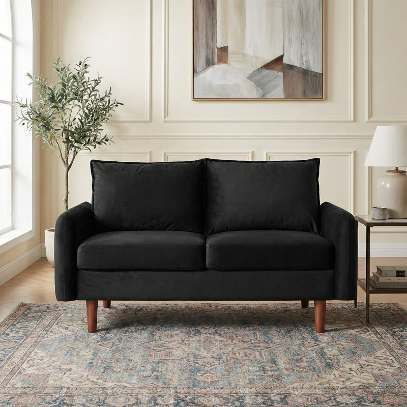  Causeuse de 56 po de large à accoudoirs arrondis en velours, avec poches de rangement latérales et petit coussin décoratif carré