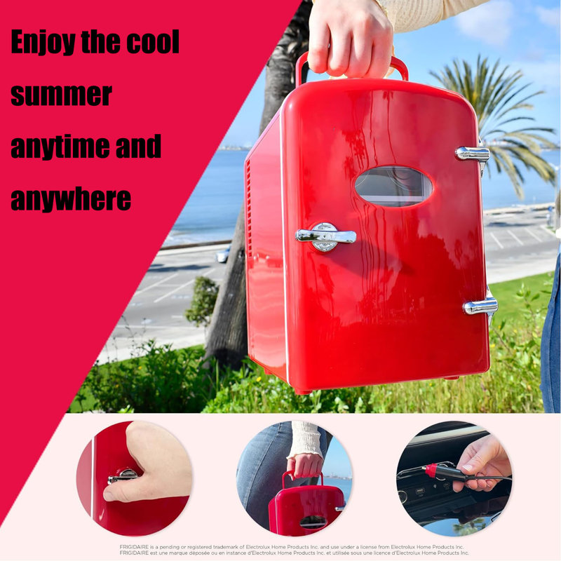Mini Retro Personal Fridge – 6 Can Compact Cooler (1 Gal), Portable For Home & Car, AC/DC Plug (110V & 12V),Blue, Red