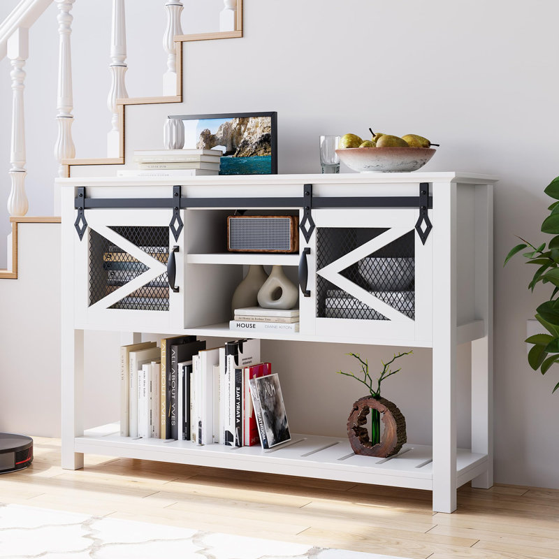 Farmhouse Entryway Table With Sliding Barn Doors, Sofa Table With Storage And Open Shelf, Console Tables, White
