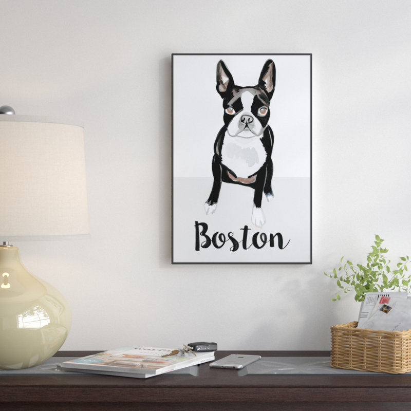 « boston terrier », reproduction de peinture à l’aquarelle encadrée sur toile encadrée, H 45 po x l 30 po x P 1,5 po