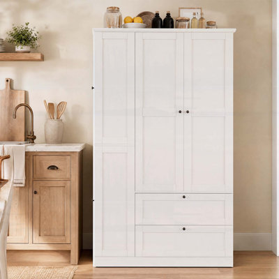 Farmhouse Kitchen Pantry Cabinet with Shelves, Drawers,Pull-Out Trays,and Side Cabinets for Efficient Storage