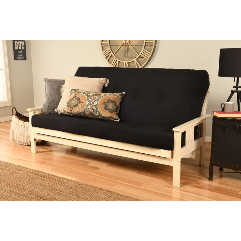 La base de futon pleine grandeur Lakel comprend un matelas à ressorts de 6 po, Polyester noir, Blanc antique