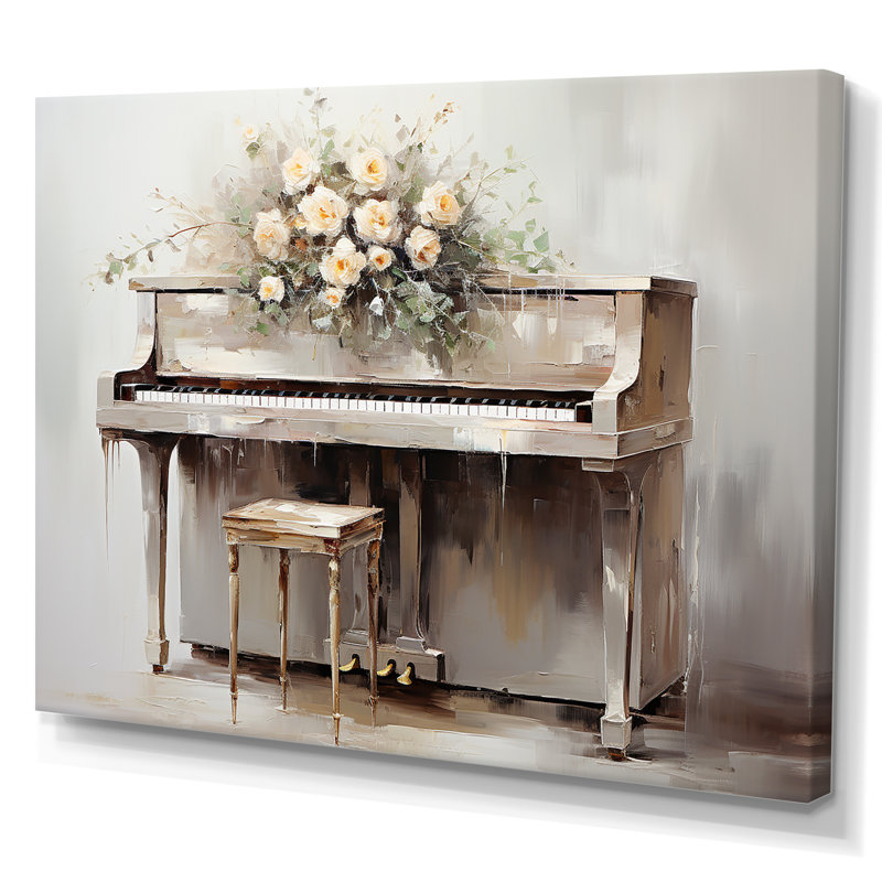 Blanc, piano floral intemporel - musique, art mural, Toile tendue, H 32 po x l 16 po x P 1 po