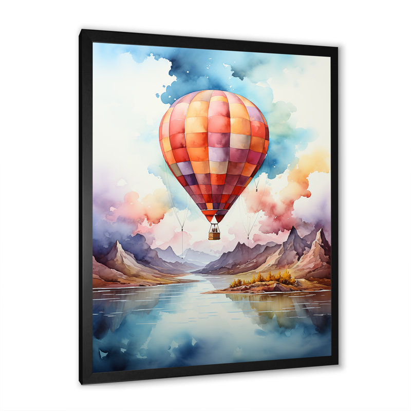 Aquarelle, montgolfière, montagne, merveilles, Cadre photo noir, H 44 po x l 34 po x P 1,5 po