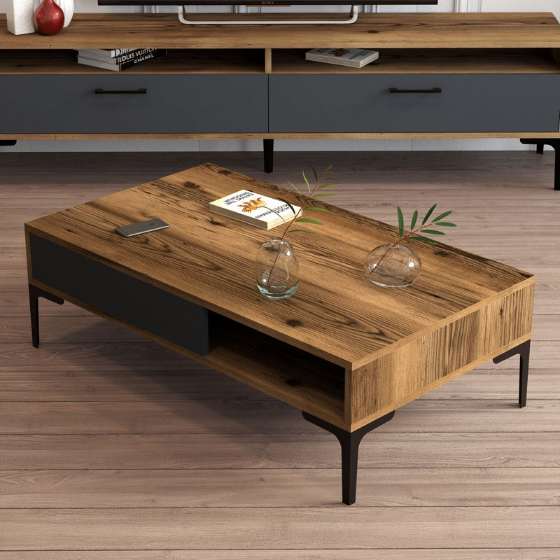 Table basse à 4 pieds avec rangement, Noyer / anthracite