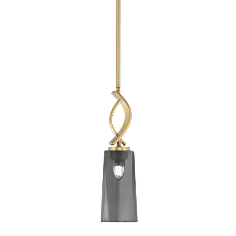 Mini suspension Waldes Stem Hung présentée en finition laiton New Age avec verre fumé bullé de 12,7 cm de largeur x 25,4 cm de hauteur