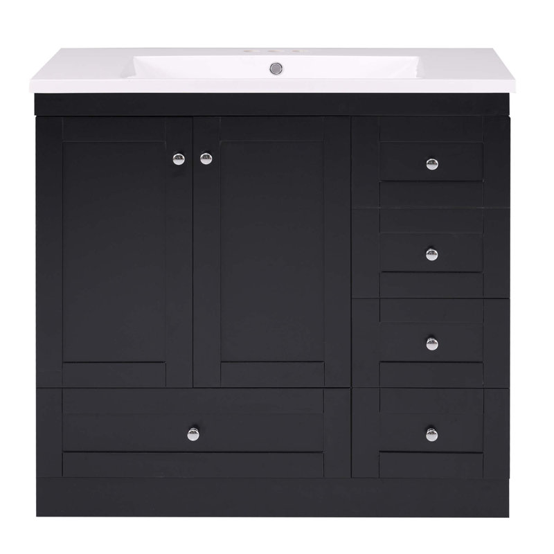 Armoire de salle de bain sur pieds 36 po avec lavabo, 4 tiroirs à fermeture en douceur et 2 portes à fermeture en douceur Shaker