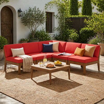 Ensemble de canapé d'angle sans accoudoirs en bois d'acacia cinq places avec coussins résistants à l'eau pour espaces de vie extérieurs (terrasse, patio)