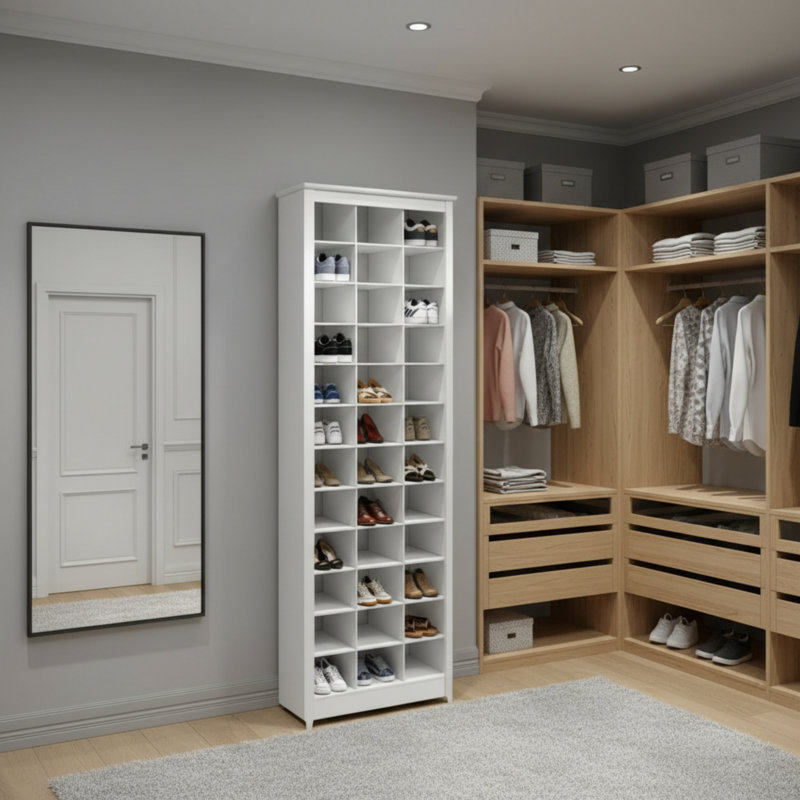 Armoire de rangement blanche pour vestibule (armoire à chaussures), 36 compartiments à chaussures