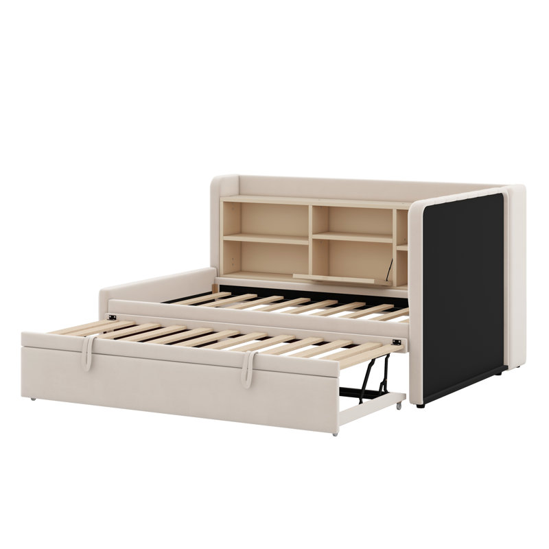 Lit de jour rembourré avec lit gigogne, tablettes de rangement, port USB et prise de courant, Beige