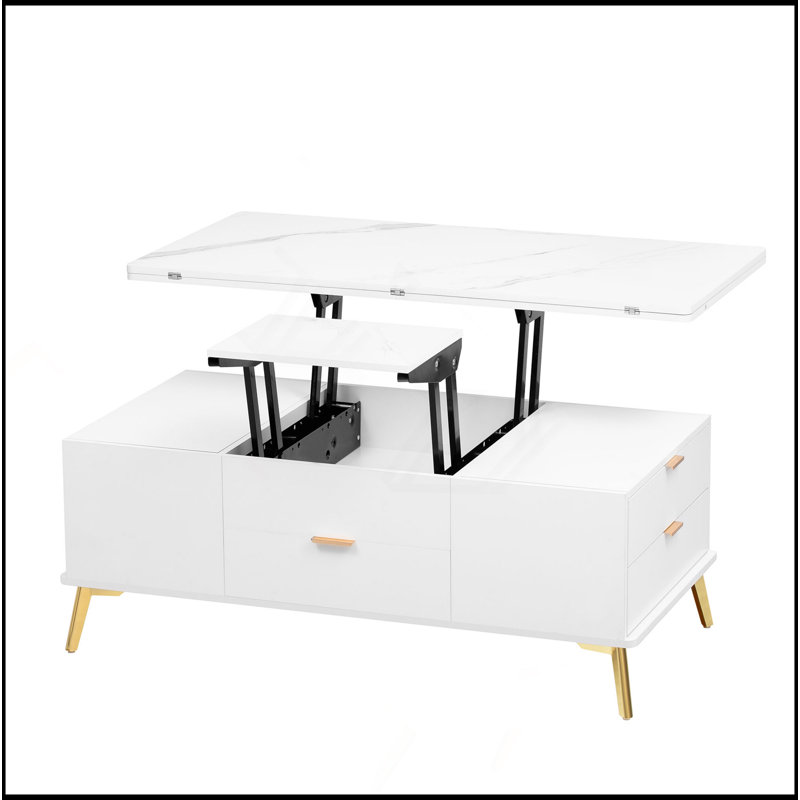 Table basse à plateau relevable moderne avec tiroirs et fonction de levage hydraulique, Blanc