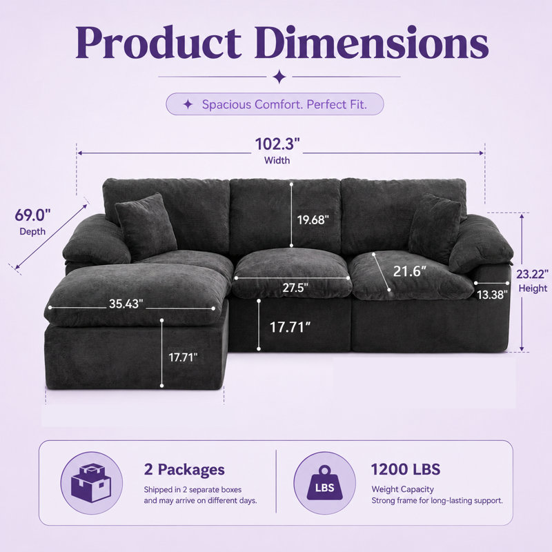 Canapé modulaire en forme de L de 102,3 po Elvarquess, canapé 4 places Cloud avec repose-pieds mobile, revêtement en chenille souple, sièges larges et profonds, mousse haute résilience et support à ressorts