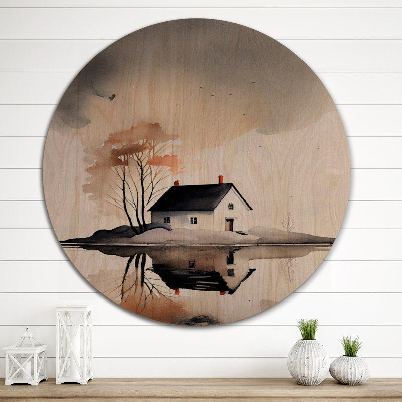 Maison de campagne avec arbre au bord du lac II - décoration murale chalet en bois Lake House, L 23 po x H 23 po