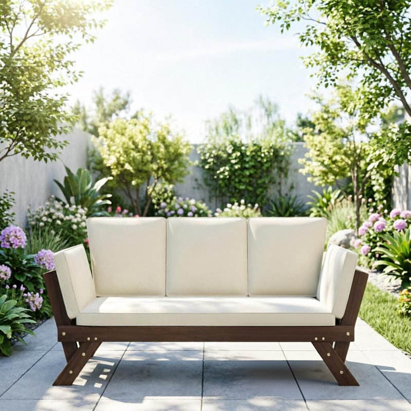 Modern Beige Acacia Wood Outdoor Sofa With 3-Level Adjustable Back, Convertible Patio Daybed With Water-Resistant Cushions