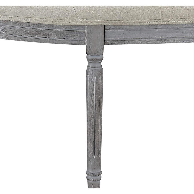 Banc rembourré beige à boutons côtiers avec pattes grises patinées, conception en demi-croissant pour optimiser l'espace dans les halls, structure, facile à nettoyer, nécessite un assemblage, look américain, forme de 55 profondeurs