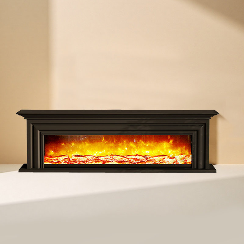 French-style creamy wind solid wood electric fireplace cabinet with simulated flames, 27.56" H x 70.87" W x 12.6" D, Black