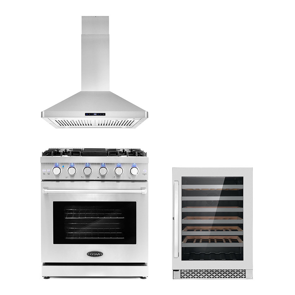 Cosmo 3 Piece Kitchen Appliance Package with 30'' Gas Freestanding Range ,  Island Range Hood , and Wine Refrigerator & Reviews
