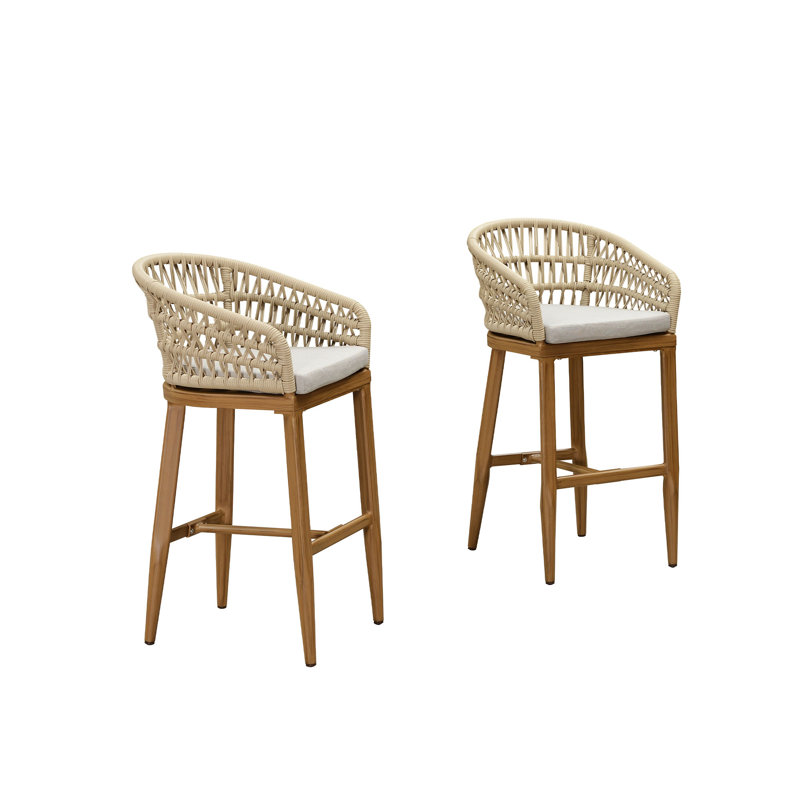 Purplr Leaf Patio Bar Stools Chair Set Of 2, Rattan And Aluminum Frame With Stain-resistant Cushion, Teak