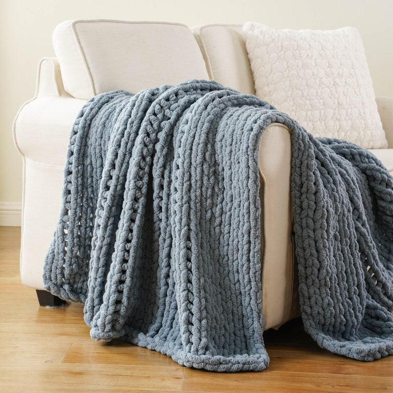 Jeté épais en tricot, jeté doux et épais en chenille, jeté en tricot fait à la main 50 po x 60, Gris bleu