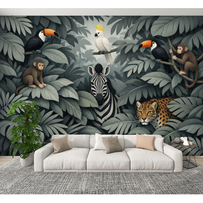 Papier peint adhésif autocollant, animaux de la jungle tropicale, zèbre, léopard, toucan, monochromes, papier peint mural amovible en PVC, H 100 po x l 144 po, pour salon, chambre, bureau à domicile