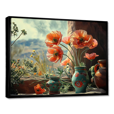 Coquelicots rouges dans un vase turquoise mexicain - Bouquets assortis