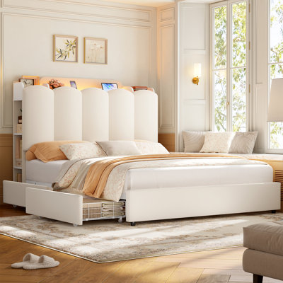 Upholstered Storage Bed Frame with LED Lighting, USB Ports, Side Cubbies & 2 Underbed Storage Drawers, Modern Cream Platform Bed