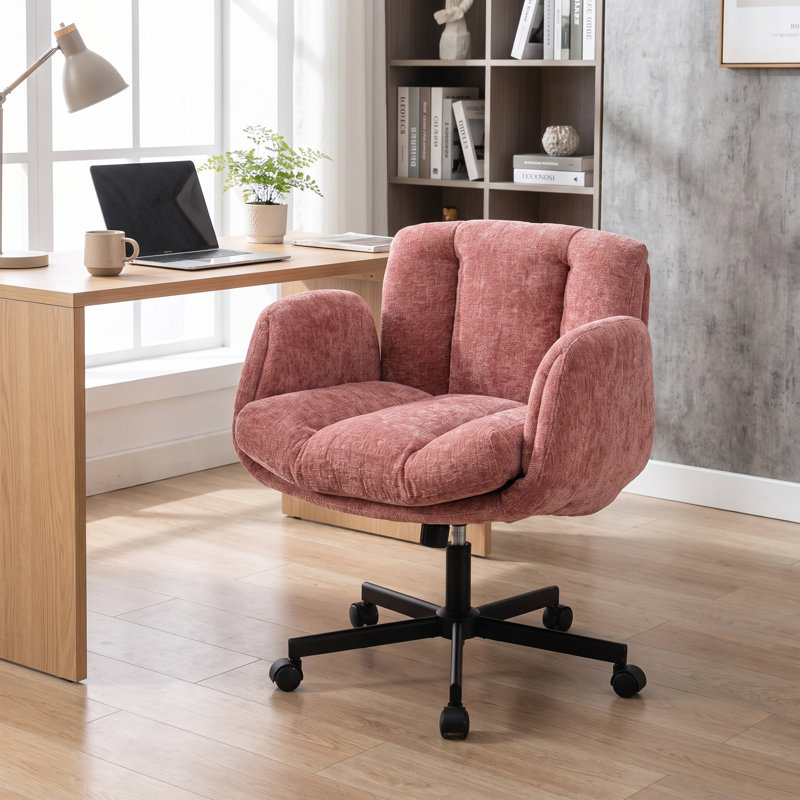 Chaise de bureau pivotante en chenille avec accoudoirs convertibles et coussin double pour bureau à domicile, crème, Rose