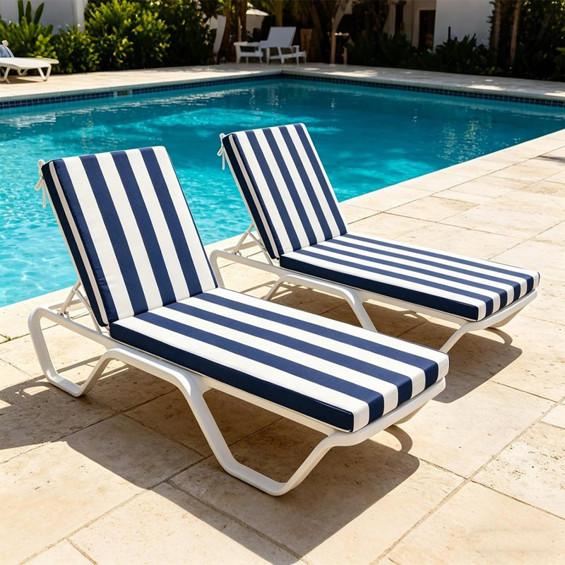 Outdoor Chaise Lounge Cushions Set Of 2, Water-repellent Uv Protection Fade-resistant Patio Furniture Replacement Cushions, Blue And White