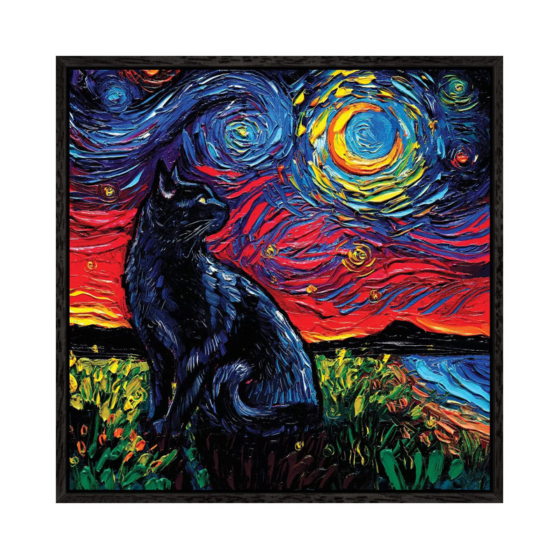 Black Cat Night II by Aja Trier - Painting on Canvas, Black Framed Canvas, 66.04 cm H x 66.04 cm W