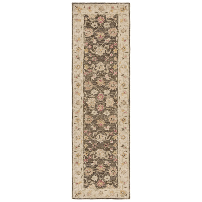 Tapis oriental gris olive en laine touffeté à la main Armintha, Tapis de couloir 2 pi 3 po x 8 pi
