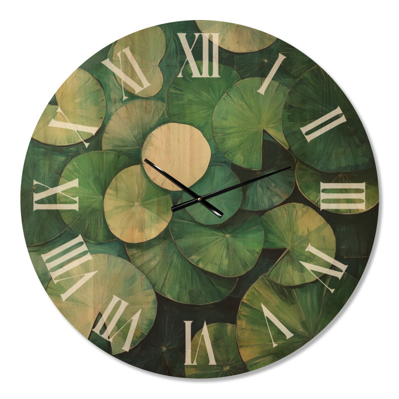 Horloge murale botanique « Nénuphars émeraude », imprimée sur bois, Extra Large