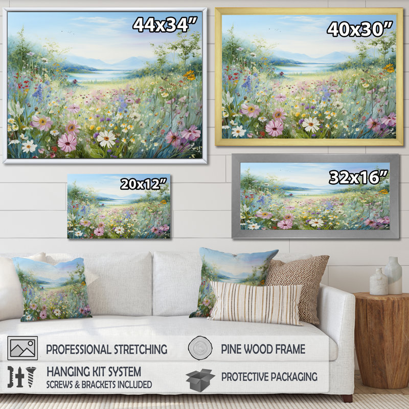 Simplity Wreath Green Flower Field - Art mural grand champ de fleurs, H 16 po x l 32 po x P 1 po, Cadre flottant brun