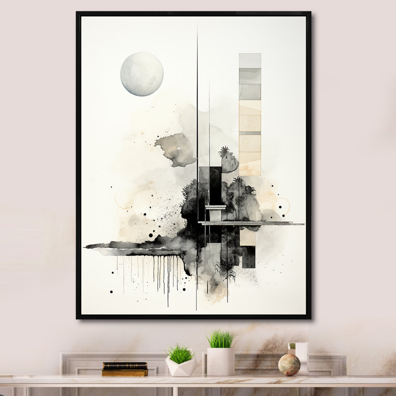 Monochre Mirage Lansdcape 2 - Paysage abstrait, art mural, Cadre flottant noir, H 32 po x l 24 po